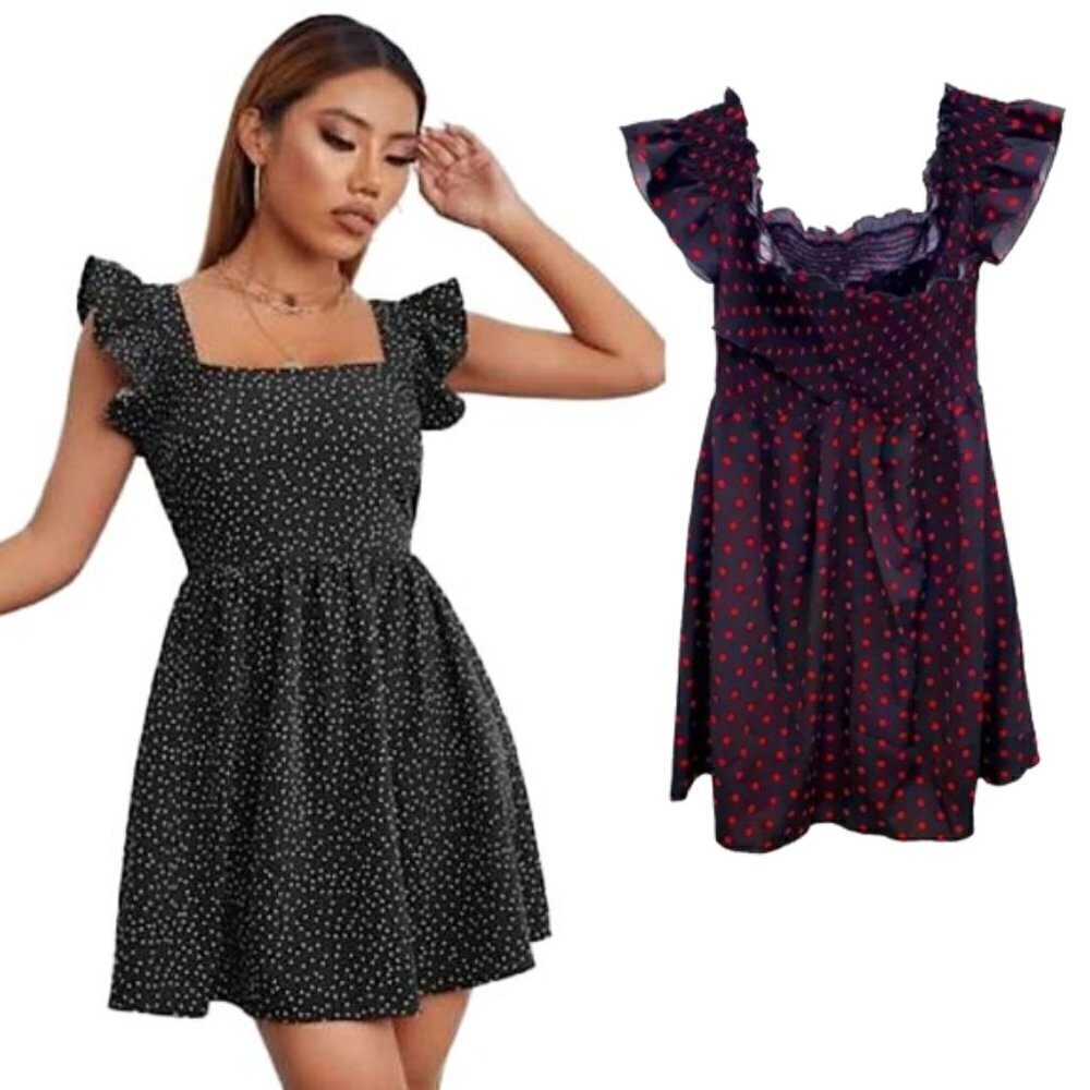 ❤️ 🆕 SHEIN Woman's Black & Red Polka Dot Off Shoulder Pin Up Dress Size 1XL
